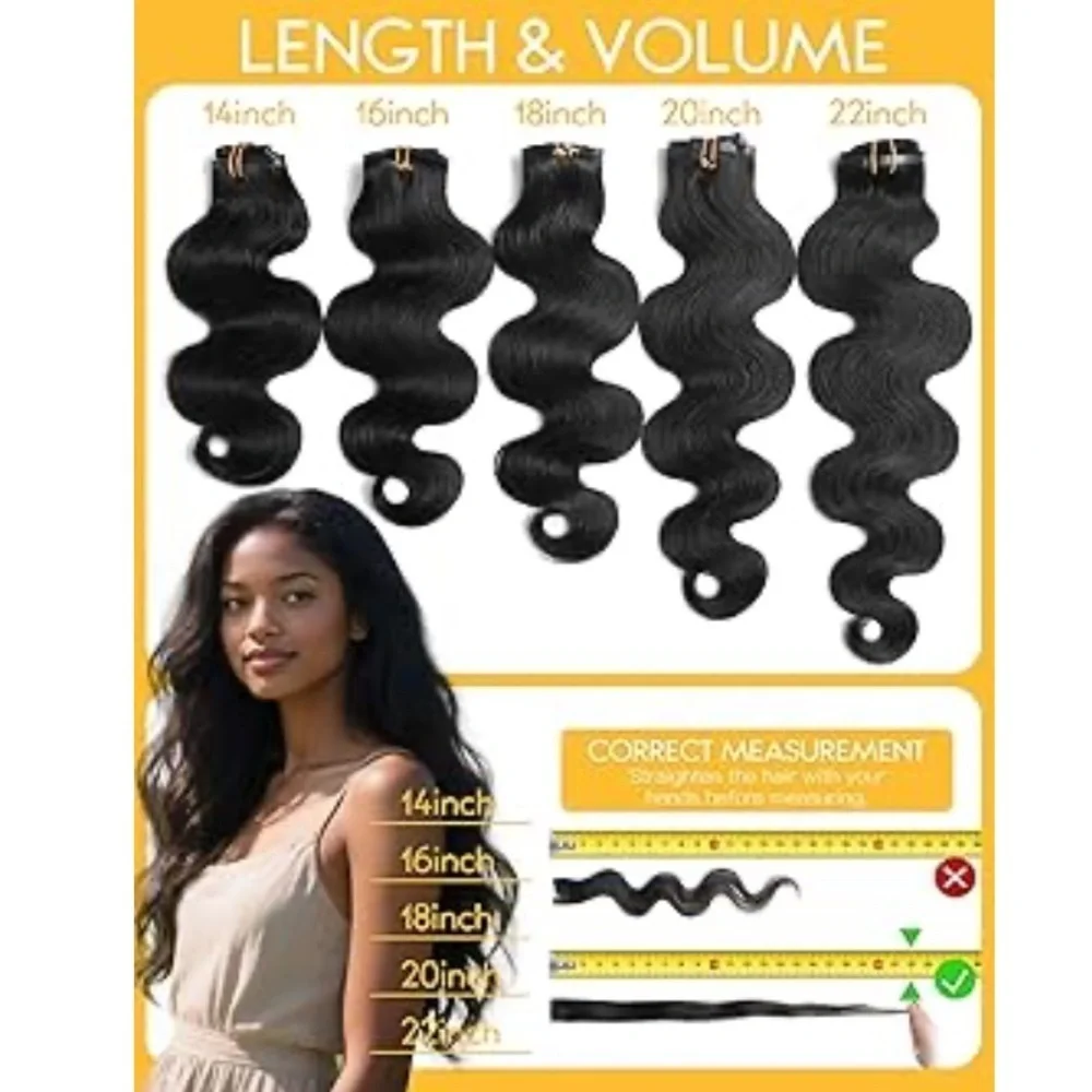 20” Natural Black Body Wave Human Hair PU Clip In Extensions 115g #RA4